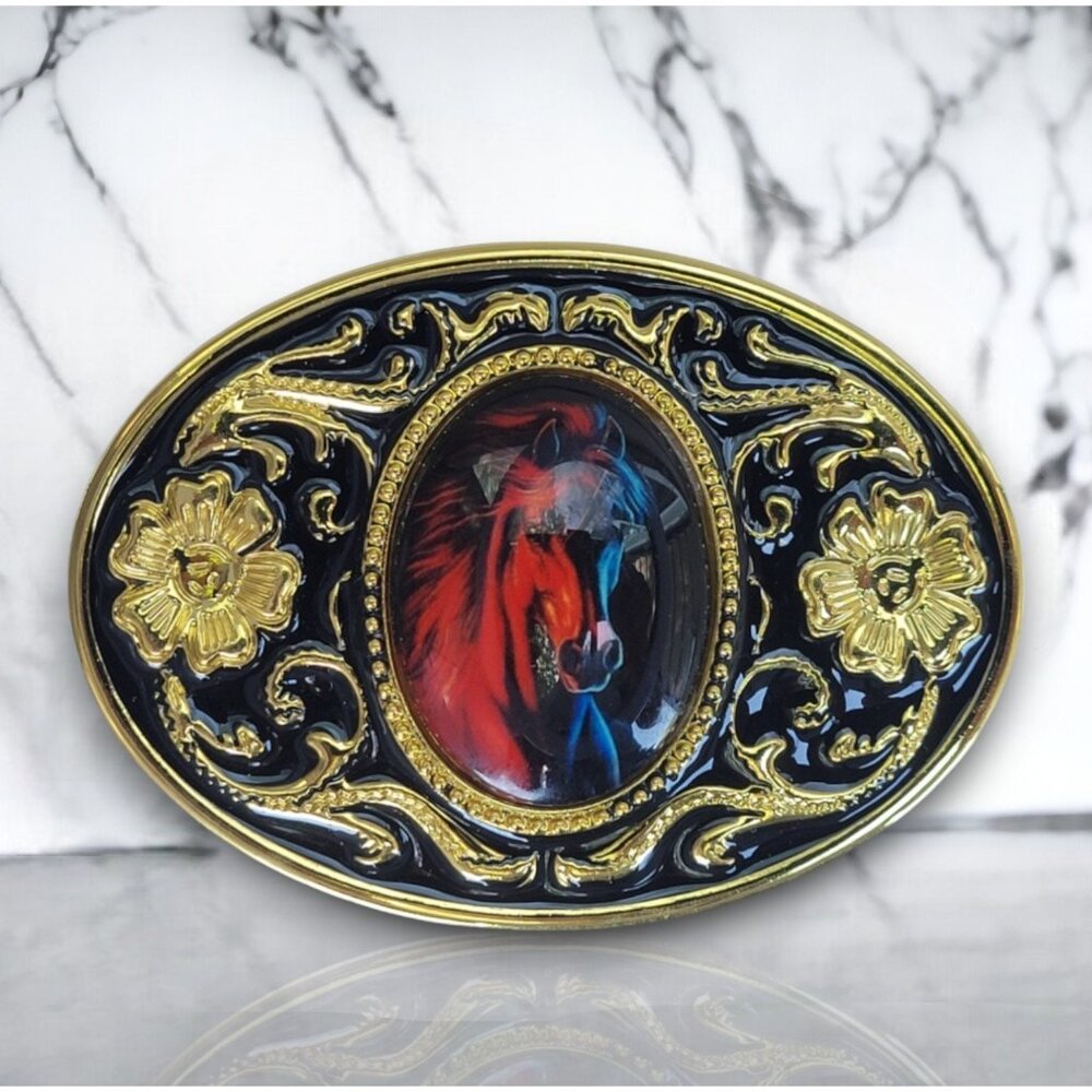 Black and gold Floral 3D Resin Layered Horse Head Belt Buckle